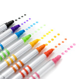 Dual-Tip Paint Pens in eight bright colors showing brush and round tips with dotted color swatches on white background