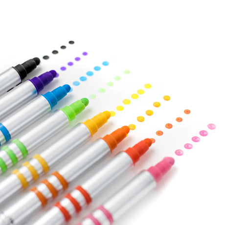 Dual-Tip Paint Pens in eight bright colors showing brush and round tips with dotted color swatches on white background