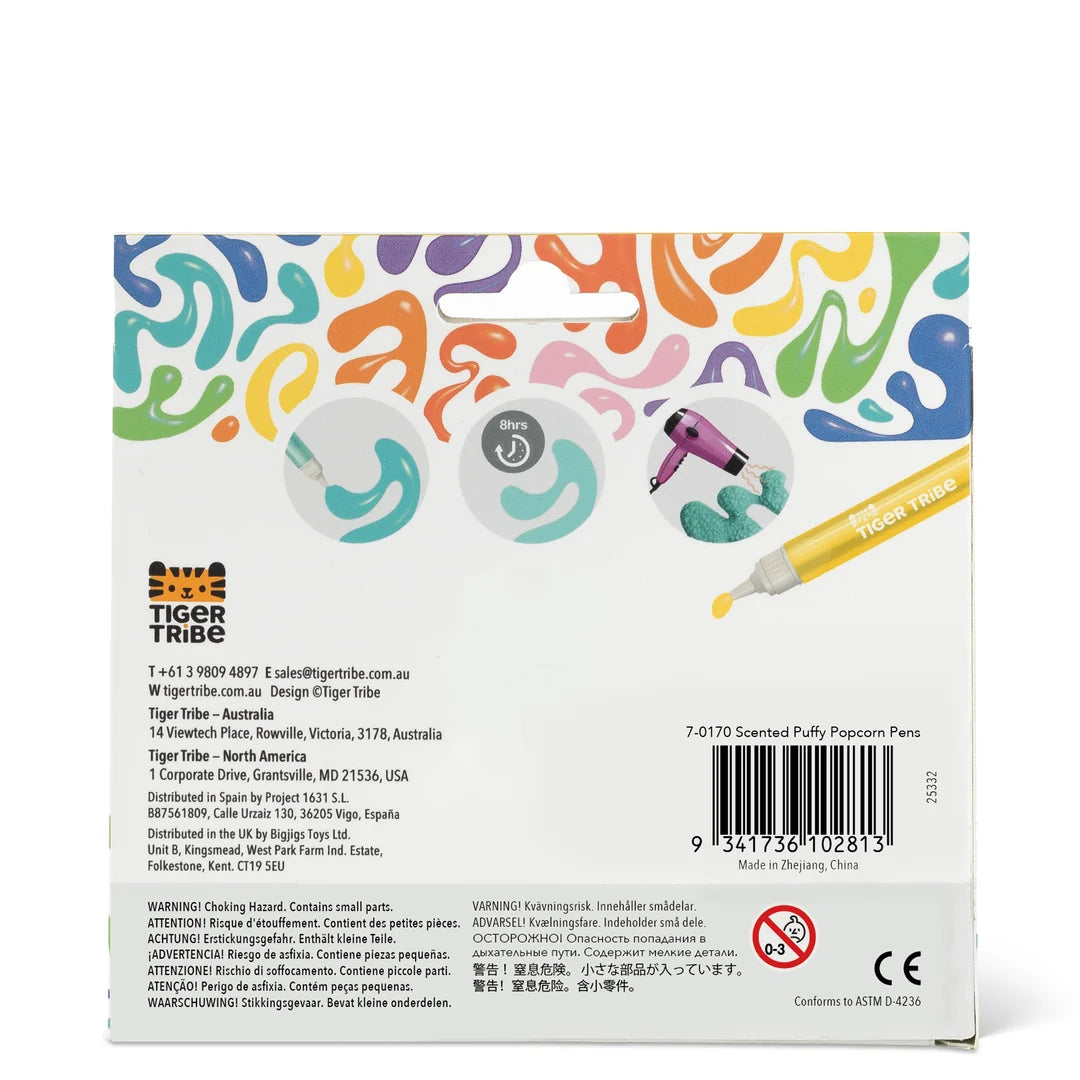 Scented Puffy Popcorn Pens package featuring colorful designs and three illustrated pens