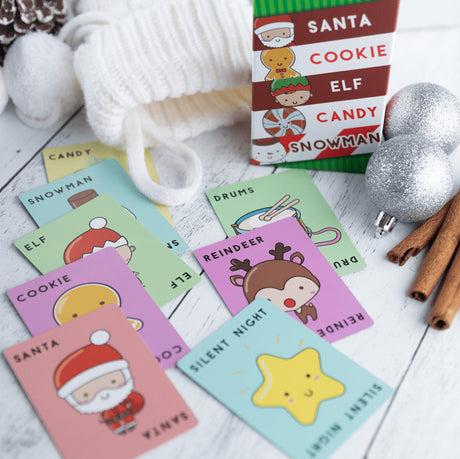 Santa Cookie Elf Candy Snowman holiday card game with colorful illustrated cards