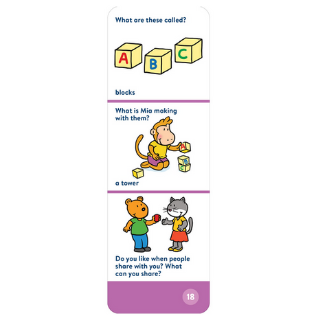 Brain Quest: For Twos card showing blocks, a monkey building a tower, and sharing between characters.