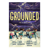 Cover of "Grounded" showing four diverse kids running through an airport during a thunderstorm with lightning overhead.