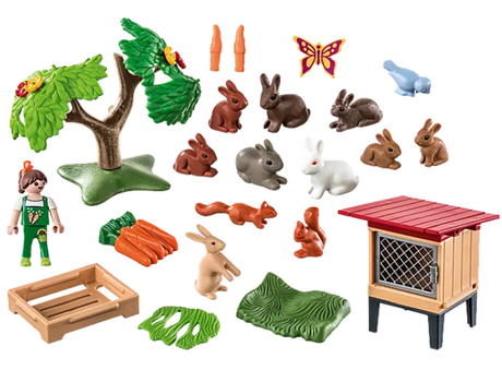 Country | Rabbit Enclosure with figure, 9 rabbits, carrot snacks, tree, squirrel, butterfly, dove, and hutches for imaginative play.