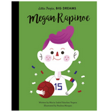 Little People, Big Dreams: Megan Rapinoe book cover illustration of soccer player holding ball on green background.