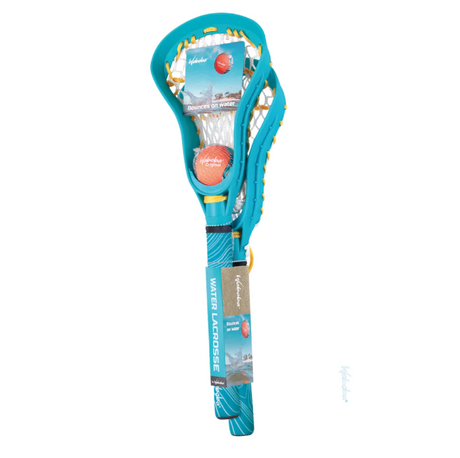 Waboba Mini Lacrosse Set with two turquoise sticks and an orange ball designed for water play with non-slip grip.