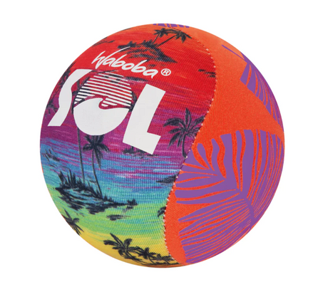 Waboba SOL Ball with colorful tropical design, foam and lycra cover, water-bouncing and UV color-changing features.