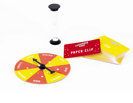 Scavenger Hunt game set with spinner, timer, and cards for finding household objects in a fun family race.