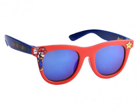 Arkaid Super Mario Sunglasses with red frame, blue lenses, and classic Mario design for stylish eye protection.