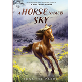 A wild horse gallops through a mountain valley on the cover of the book A Horse Named Sky by Rosanne Parry.