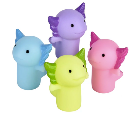 Brightly colored Axolotl Finger Puppet set with blue, purple, yellow, and pink playful amphibian designs.