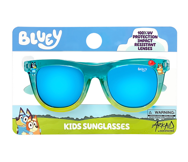 Arkaid Bluey Sunglasses with bold blue frames, kids sunglasses featuring 100% UV protection and impact resistant lenses.