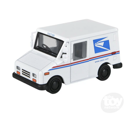 Mini Postal Carrier Truck diecast model in white with USPS logo, detailed pull-back collectible vehicle for ages 3 and up.