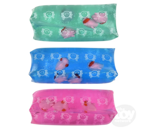 Three Water Wiggler Axolotl toys in green, blue, and pink transparent sleeves with axolotl designs inside.