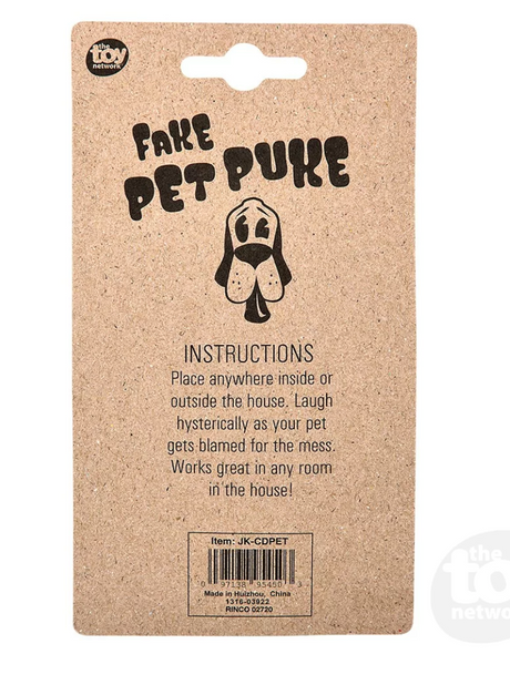 Fake Pet Puke packaging with prank instructions for blaming the dog and grossing out guests inside or outside the house.