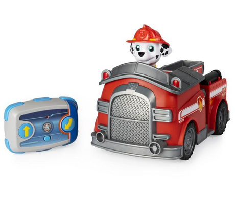 RC Paw Patrol Marshall Fire Truck with red fire truck and remote control featuring Marshall in the driver's seat.