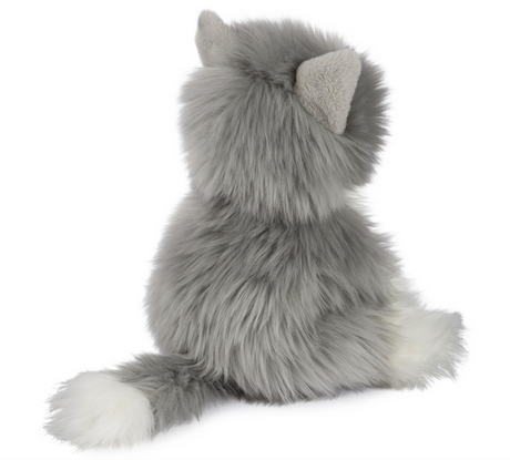 Kitten Camilla plush toy showing fluffy gray-and-white fur and white paw pads from the back view.