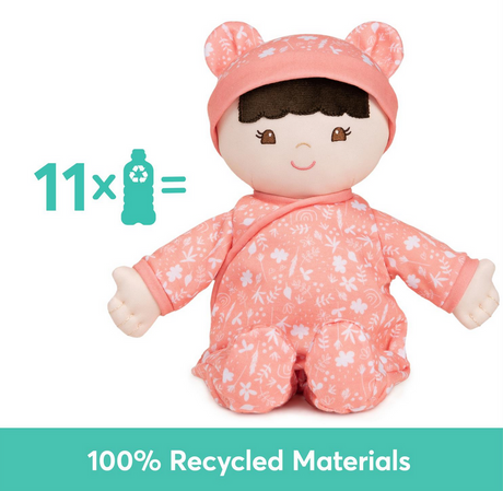 Recycled Baby Doll | Hibiscus in floral onesie, soft plush made from 100% recycled materials, perfect for cuddling.
