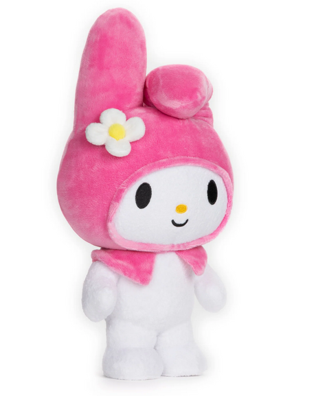 Hello Kitty My Melody plush with pink hood, floppy ears, white flower detail, and embroidered smile, standing 9.5 inches tall.