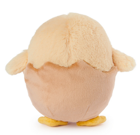 Shakipiyo plush shows a soft yellow chick with orange beak and feet wearing cracked eggshell pants, perfect for collectors.