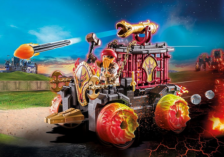 Novelmore | Battering Ram toy with cannon firing flame projectile and ejector seat in action on fiery battlefield.