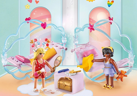 Princess Magic | Rainbow Princess Sleepover Party with two princesses decorating cloud swing beds in a dreamy playroom.