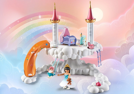 Princess Magic | Baby Room in the Clouds featuring a cloud playset with slide, cradle, princess figure, and rainbow background.