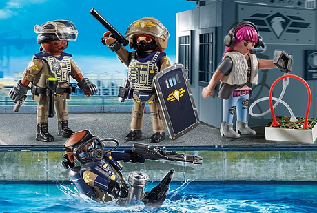 City Action | Tactical Unit Figures showing tactical diver, officers, and crook with gear by the dock and water.