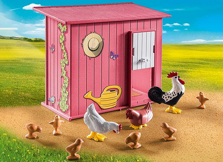 Country | Chicken Coop playset with pink hen house, rooster, hens, and chicks on a farm background.