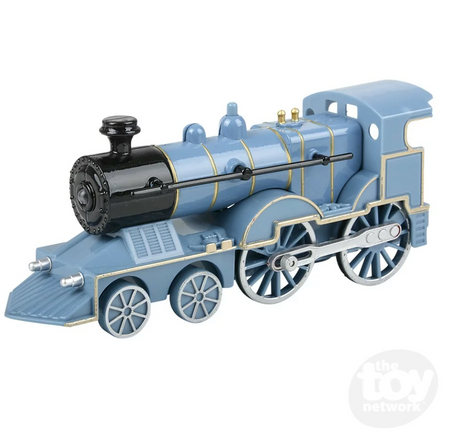 Train Lights & Sounds! 5.5" die-cast pull-back train in blue with lights and sound features.