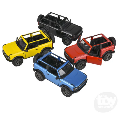 Five 2022 Ford Bronco diecast pull-back cars in yellow, black, blue, and red with openable doors and open tops.