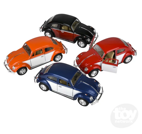 Four 5" Diecast Pull Back VW Beetle 1967 models in black, red, blue, and orange with open doors.