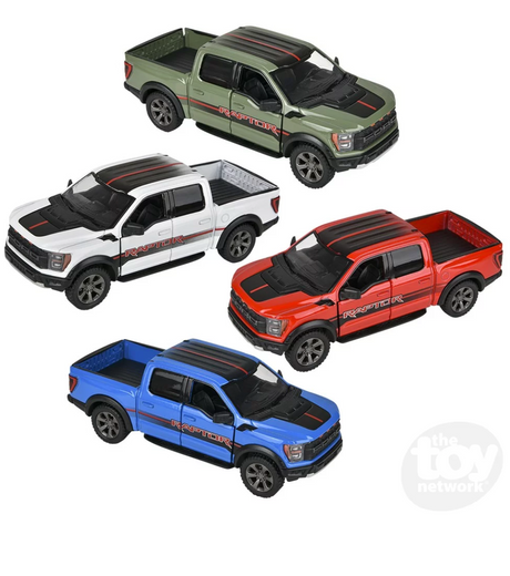 Ford F-150 Raptop Livery Edition diecast trucks in assorted colors with pull-back and openable doors features.