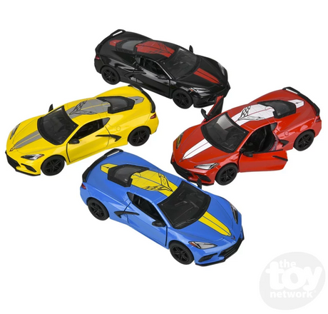 Four colorful 5" Diecast Pull Back 2021 Chevrolet Corvette Livery Edition cars with openable doors displayed.