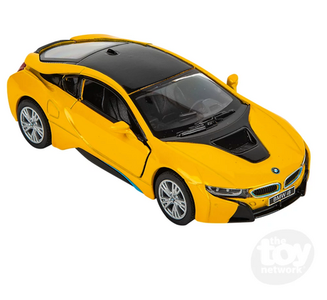 Yellow 5-inch die-cast BMW i8 toy car with functional opening doors and pull-back driving feature.