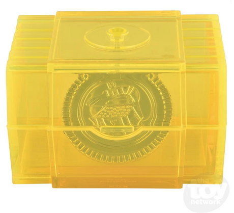 Yellow translucent brainteaser box with a detailed coin design, perfect for Kids aged 5+, titled Mystery Puzzle Chest.