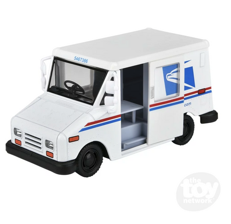 US Postal Service Mail Delivery Truck diecast model with openable doors and pull-back action, suitable for ages 3+