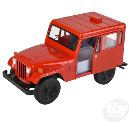 Jeep DJ-5B 1971 diecast model in red with functional wheels and opening doors for ages 3 and up.