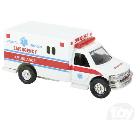Ambulance toy featuring a white die-cast body, emergency lights, and medical services decals with pullback action.