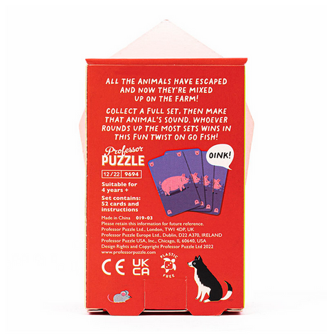 Back of Go Farm! card game box showing game details and animal illustrations for children aged 4 and up.