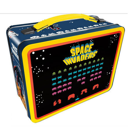 Space Invaders Tin Fun Box with classic arcade game design, yellow handle, and sturdy metal latch for collectible storage.