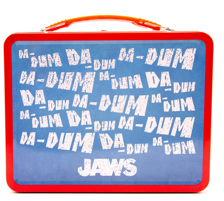 Jaws Tin Fun Box featuring retro blue and white "DA-DUM" text design with red border and orange handle.