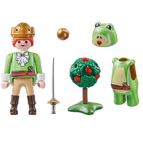 Special Plus | Frog Prince set with figure, frog costume, crown, rapier, gold ball, and rose tree pieces.