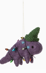 Purple Dinosaur Felt Ornament with knitted green hat and colorful Christmas lights wrapped around it, 4.75 inches tall.