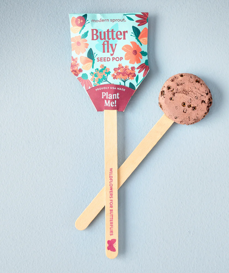 Pollinator Seed Pop butterfly seed pod with wooden garden marker and planting instructions on a light background.