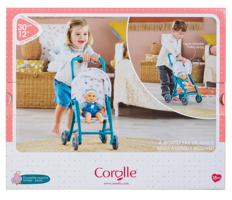 Stroller Teal with teal frame and folding canopy, fitting 12-inch baby dolls for toddlers 18 months and up.