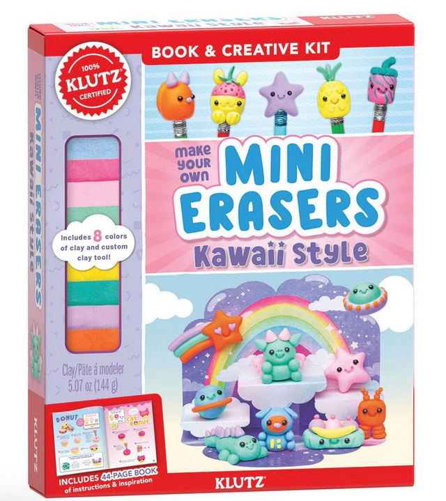 Make Your Own Mini Erasers Kawaii Style kit with colorful clay, cute character designs, and step-by-step crafting guide.