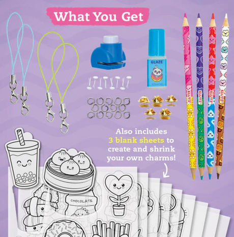 Color & Shrink Charms Kawaii Style kit with pencils, shrink plastic sheets, hardware, and glaze for making adorable charms.