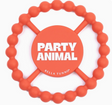 Orange circular teething ring with beaded texture and white text "PARTY ANIMAL" on the center disc
