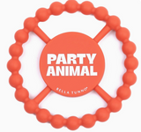 Orange circular teething ring with beaded texture and white text "PARTY ANIMAL" on the center disc
