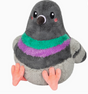 Soft gray bird plush with bright green and purple chest stripes, small black eyes, and pink feet facing forward